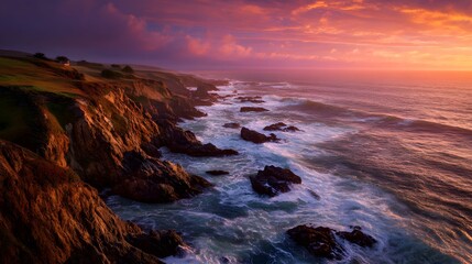 Obraz premium Breathtaking Sunset Over the Rugged Coastline A Serene View of the Ocean Waves Crashing Against Rocky Cliffs in the Golden Light of Dusk