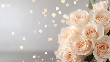 Fototapeta premium Elegant Light Pink Roses Bouquet with Soft Bokeh Lights and Glitter roses bouquet pink bokeh lights
