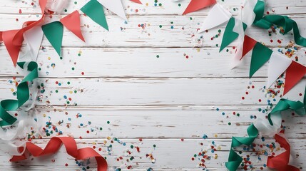 Obraz premium Festa della Repubblica Flat Lay with Tricolor Decorations and Blank Space. Italy's Republic Day Background