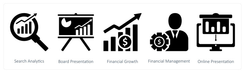 Fototapeta premium A set of 5 business icons as search analytics, board presentation, financial growth