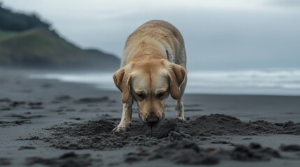Obraz premium Golden Labrador Digging in Dark Sand on a Beach
