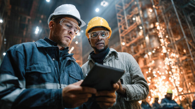 Caucasian and african male workers inspecting construction site with tablet