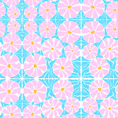 Linocut-style flower and leaf vector seamless pattern with a retro groovy look. Boho Vector Doodle for packaging, textile patterns, and creative DIY design sets