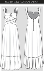 Flat Editable Technical Sketch of a Sleeveless Midi Dress with Ruffle Hem