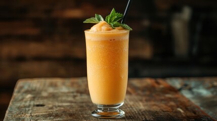 A fresh cantaloupe smoothie in a tall glass with a straw, garnished with mint