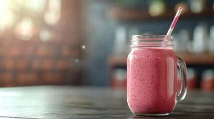 A fresh marionberry smoothie in a mason jar with a straw