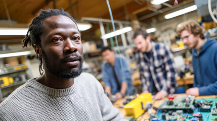 African male engineer in workshop with diverse team engaging in electronics project
