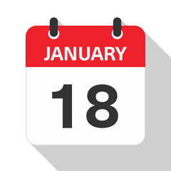 January 18 Daily Calendar. Red Theme on White Background