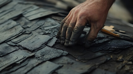 Hand Working on Slate Roof Tiles