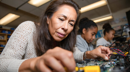Mature hispanic female and diverse children engaged in electronics workshop