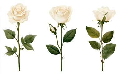 Fototapeta premium Set of three white roses isolated on a transparent background, PNG 
