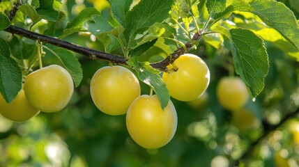 A fruit orchard with greengage plums growing on trees
