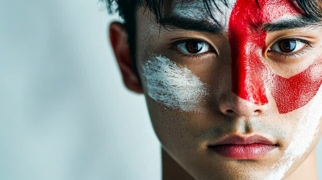 Dramatic expression and intensity in closeup portrait with striking face paint