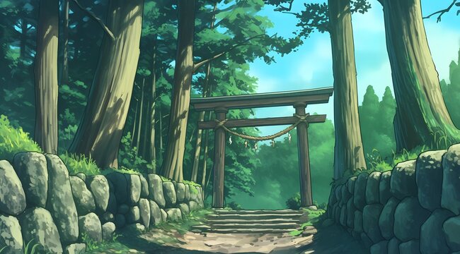Tranquil path leading to a wooded gateway, amidst lush greenery and stone walls.