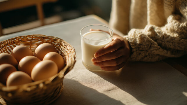 Cup of milk and egg basket on wooden table