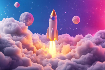 Rocket launching through pastel clouds and planets in space