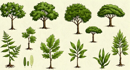 Various Trees and Plants Illustration Detailed Green Foliage