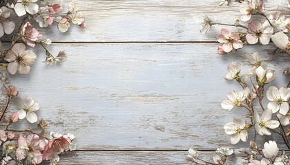 Delicate spring blossoms framing a light wood background.
