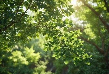Blurred green leaves, dappled sunlight, soft focus  ,  summer,  landscape,  lush