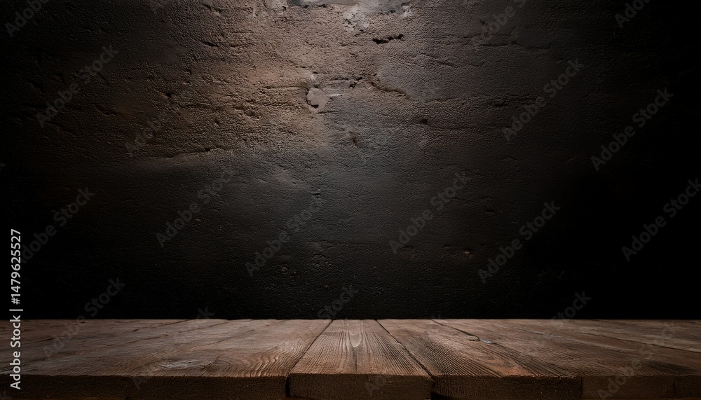 Poster rustic wooden table with a dark textured wall backdrop, creating a moody and atmospheric background 
