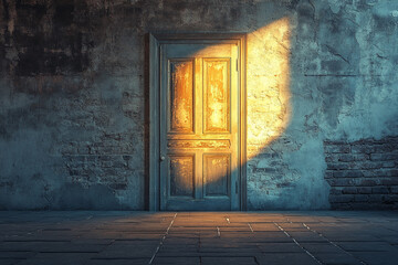 Obraz premium Old wooden door in a grunge wall lit by sunlight mystery and hope
