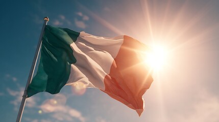 Waving Italian Flag in Bright Sky with Lens Flare and Copy Space. Italy's Republic Day Background