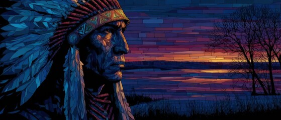 Fototapeta premium Vibrant stained glass portrait of an indigenous chief at sunset