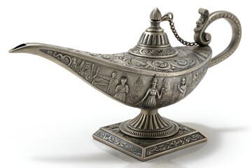 Hyperrealistic Antique Silver Egyptian Genie Lamp with Ornate Carvings and Studio Lighting