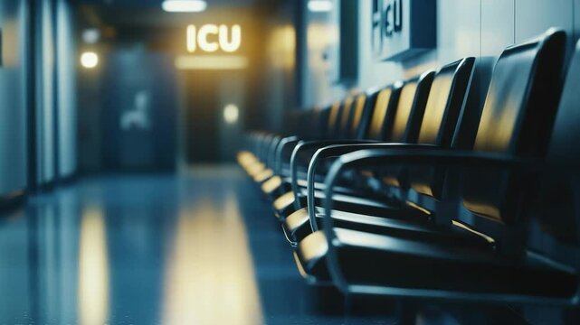 A dimly lit ICU corridor with empty chairs, creating a somber atmosphere. The 'ICU' sign is visible above the doorway