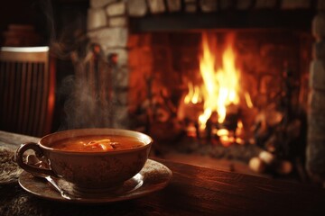 A cozy winter evening with warm soup and a fireplace, evoking comfort and coziness