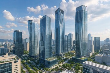 Naklejka premium Sleek Skyscraper Offices in a Vibrant Downtown Skyline: A Dynamic Corporate Landscape in an Urban Modernization