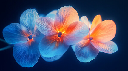 a glowing hydrangea flower cluster, softly lit in golden orange and cool blue tones, with translucent silky petals, shimmering dust trails and delicate glowing orbs floating in the dark background