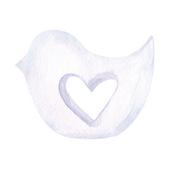 Fototapeta premium White ceramic stylized bird hand-painted on a white background. Watercolor illustration of a bird figurine with a heart inside. Isolated. Home decor. A clipart for decorating the Easter holiday.