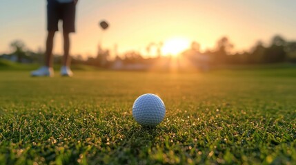 A golf ball on a tee at sunrise, with a golfer preparing to swing