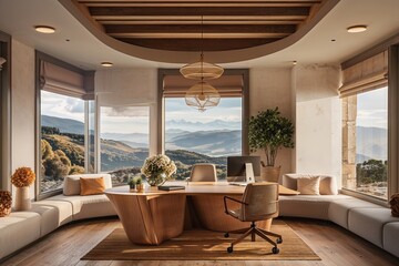 Fototapeta premium Chic Workspace Design with Soft Edges and Warm Vibe in a Scenic Landscape