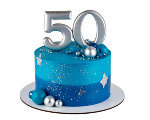 A photo of an elegant blue and silver cake with the number 50 in metallic decorations isolated on a transparent background