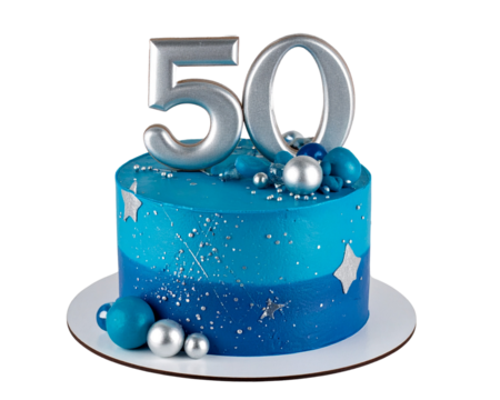 A photo of an elegant blue and silver cake with the number 50 in metallic decorations isolated on a transparent background