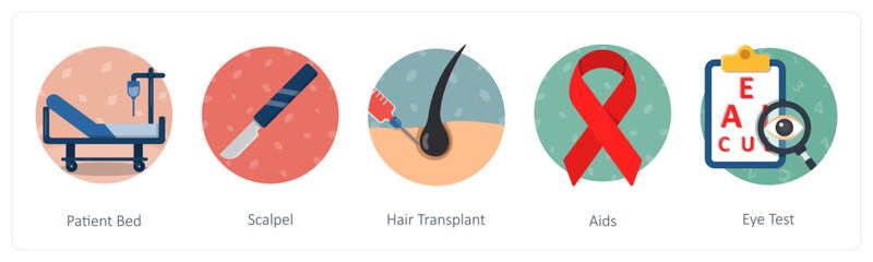 A set of 5 mix icons as patient bed, scalpel, hair transplant