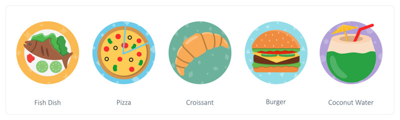 A set of 5 mix icons as fish dish, pizza, croissant
