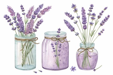 Lavender in jars, watercolor clipart illustration with isolated background.