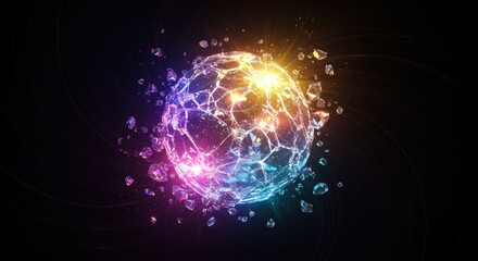 Crystalline sphere shatters unleashing vibrant light in the dark
