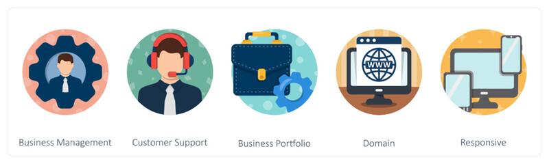 A set of 5 mix icons as business management, customer support, business portfolio