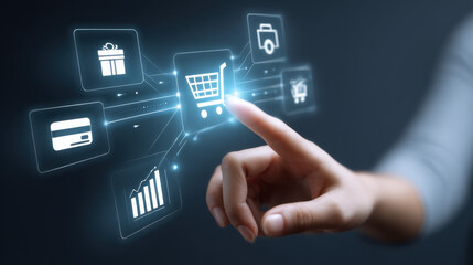 Online Shopping Experience Hand Interacting with Digital Shopping Cart Interface