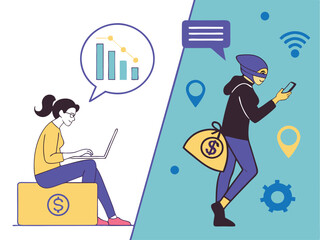 Cybercrime and Online Fraud Illustration – Digital Theft Concept with Hacker and Unaware User