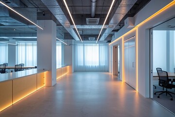 Fototapeta premium Stylish Unoccupied Workspace with Functional Corridor and Exceptional Lighting in a Bright and Chic Setting