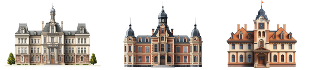 Obraz premium Set of a classic European town hall building, isolated on a transparent background.