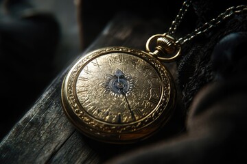 Ornate gold pocket watch resting on a wooden surface.  Detailed face with intricate design, a musical note centrally placed, and a visible mechanical movement.  A chain hangs from it