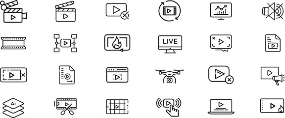 Line art vector set of video outline, cinema, media, film, play, watching and more icon collections.