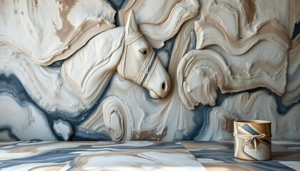 Elegant horse bas-relief sculpture with fluid background creating artistic display