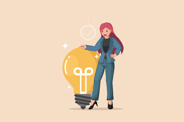 Approved Innovative Idea Illustration of a Confident Businesswoman Standing Beside a Glowing Light Bulb with a Checkmark, Symbolizing a Validated and Successful Concept.